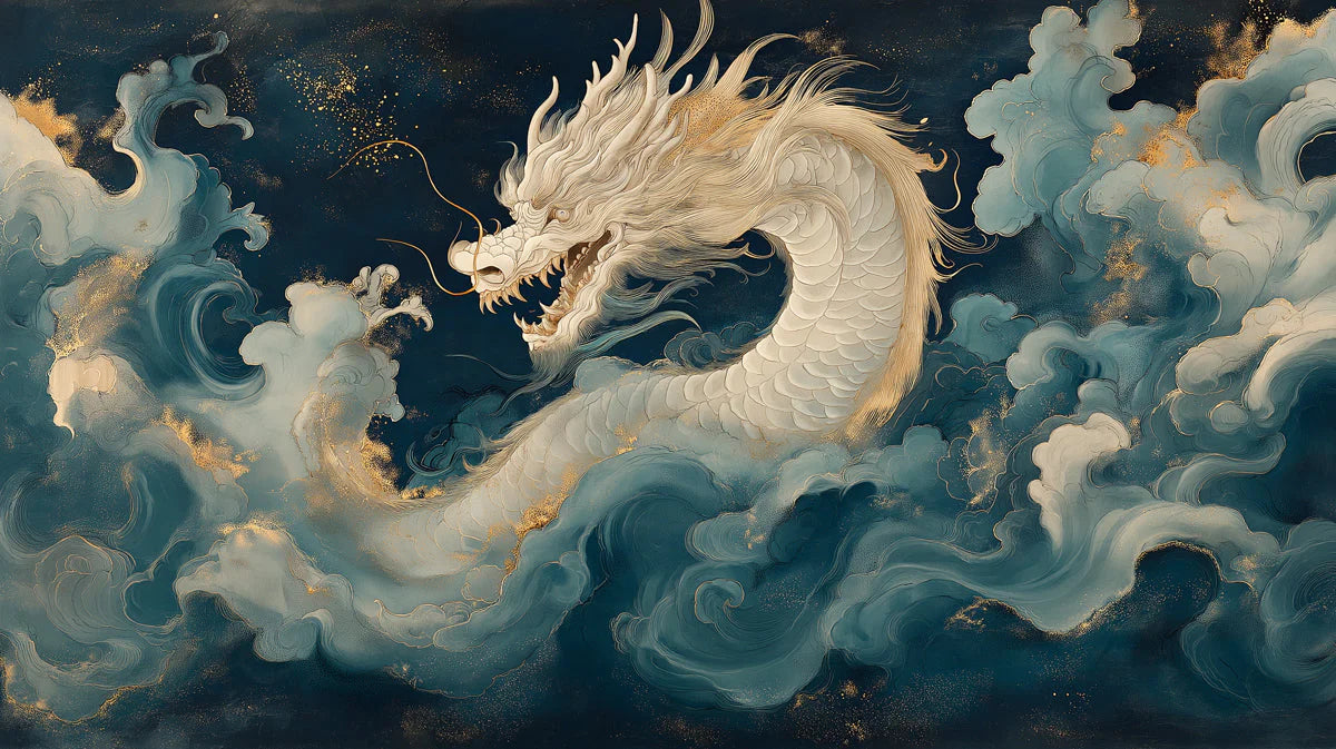Celestial Dragon Mural Wallpaper in Deep Blue and Gold Mural Wallpaper - room preview 04