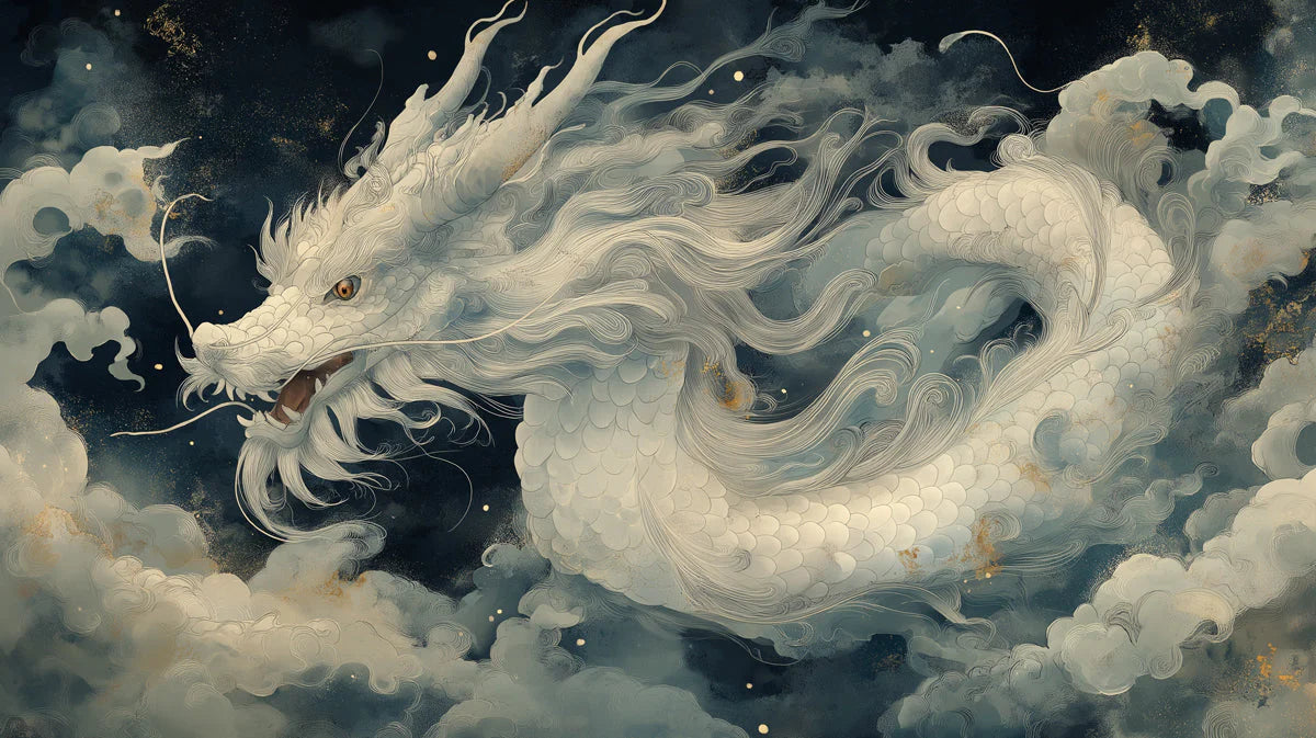 Celestial Dragon Mural Wallpaper in Midnight Blue and Pearl Mural Wallpaper - room preview 04