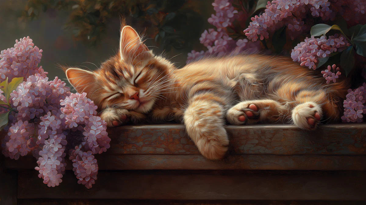 Sleeping Ginger Cat and Lilac Blooms Mural Wallpaper - room preview 04