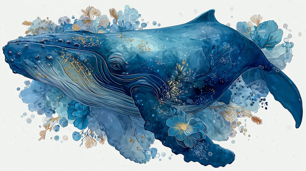 Whale and Floral Impressionist Mural Wallpaper - room preview 04