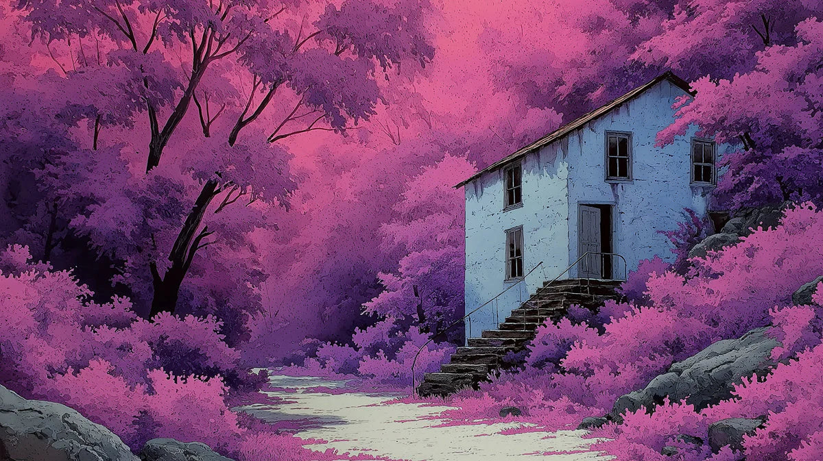 Violet Forest Cottage Mural Wallpaper —Whimsical Painted Scene Mural Wallpaper - room preview 04