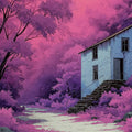Violet Forest Cottage Mural Wallpaper —Whimsical Painted Scene Mural Wallpaper - room preview 04