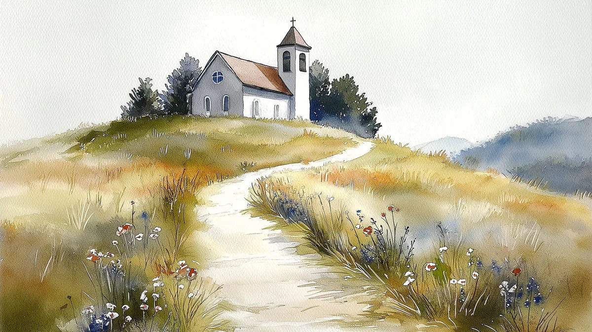 Country Chapel Watercolor Landscape Mural Wallpaper - room preview 04