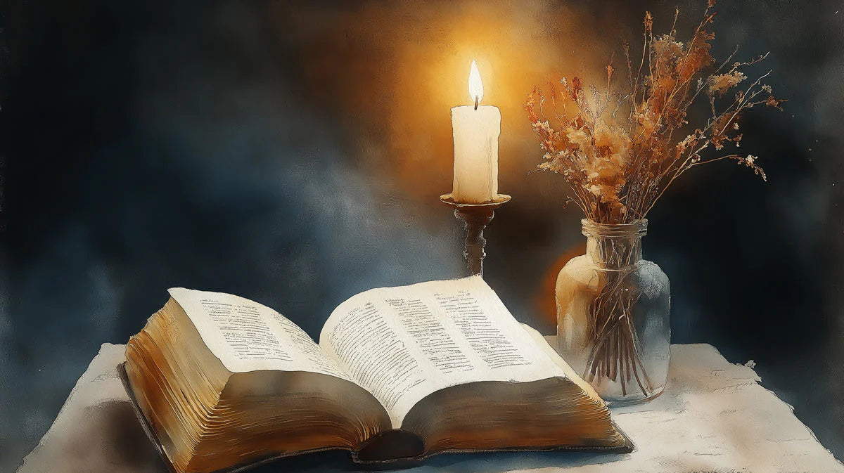 Candlelit Library Still Life Mural Wallpaper — Moody Academic Style Mural Wallpaper - room preview 04
