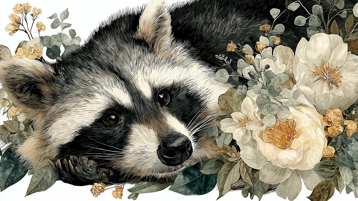 Resting Raccoon Floral Mural Wallpaper — Whimsical Nature Art Mural Wallpaper - room preview 04