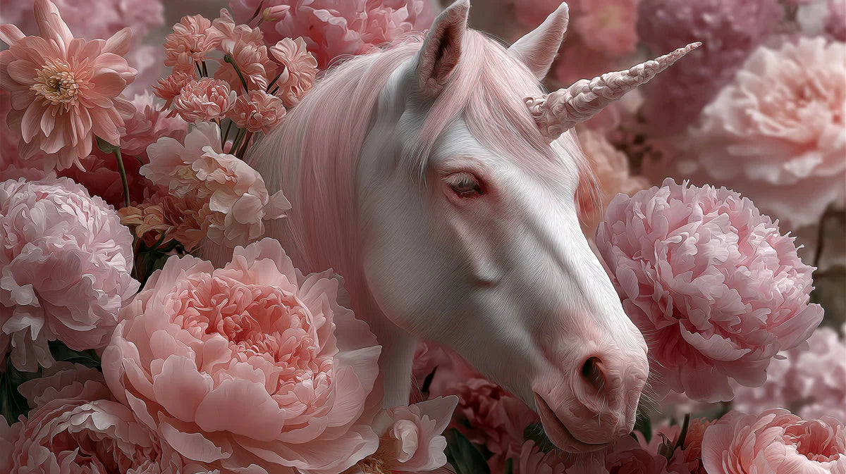 Unicorn and Peony Floral Mural Wallpaper —Whimsical Dreamscape Mural Wallpaper - room preview 04