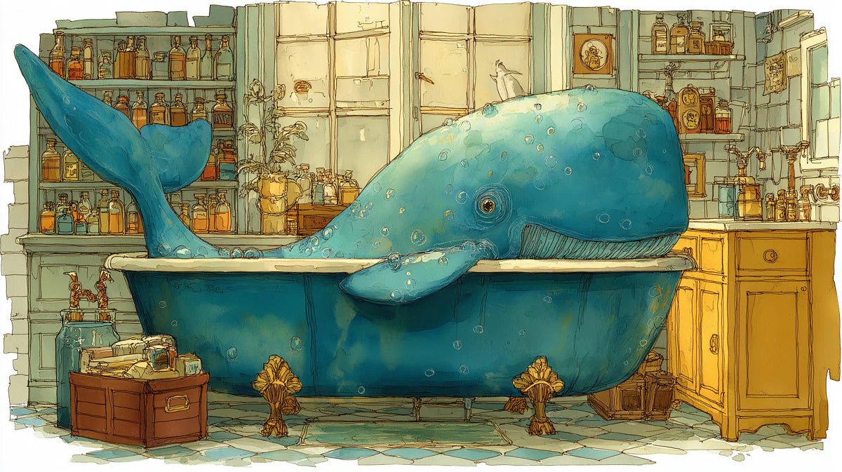 Whimsical Whale in Bathtub Mural Wallpaper — Artistic Illustration Mural Wallpaper - room preview 04