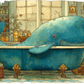 Whimsical Whale in Bathtub Mural Wallpaper — Artistic Illustration Mural Wallpaper - room preview 04