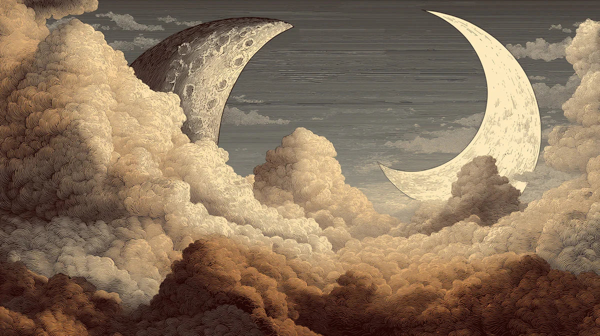 Celestial Moon and Clouds Mural Wallpaper — Etched Vintage Style Mural Wallpaper - room preview 04