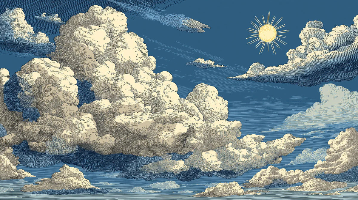 Vintage Engraved Sky Mural Wallpaper with Sun and Clouds Mural Wallpaper - room preview 04