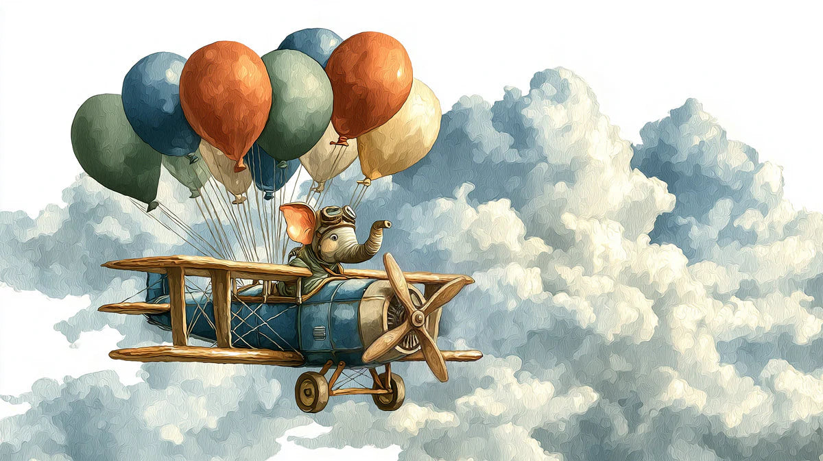 Flying Elephant Aviator Mural Wallpaper — Whimsical Sky Adventure Mural Wallpaper - room preview 04