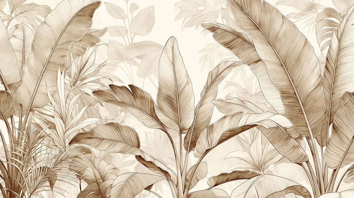 Botanical Sketch Mural Wallpaper — Warm Sepia Leaf Pattern Mural Wallpaper - room preview 04