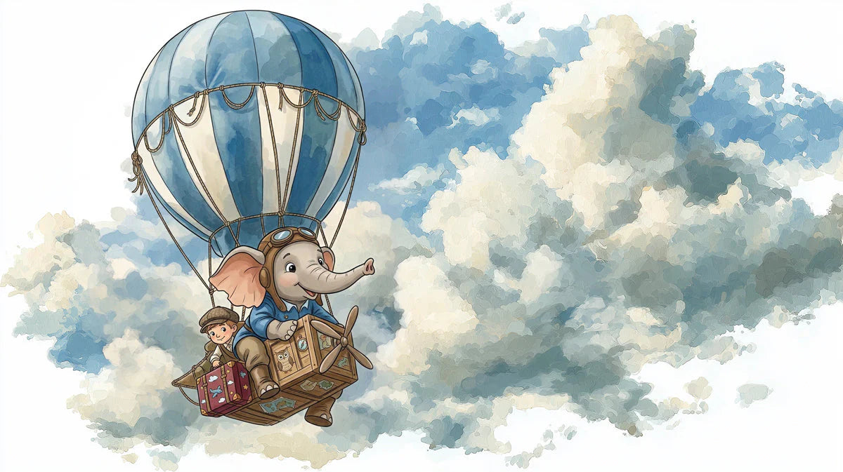 Elephant Pilot Hot Air Balloon Mural Wallpaper — Whimsical Travel Mural Wallpaper - room preview 04