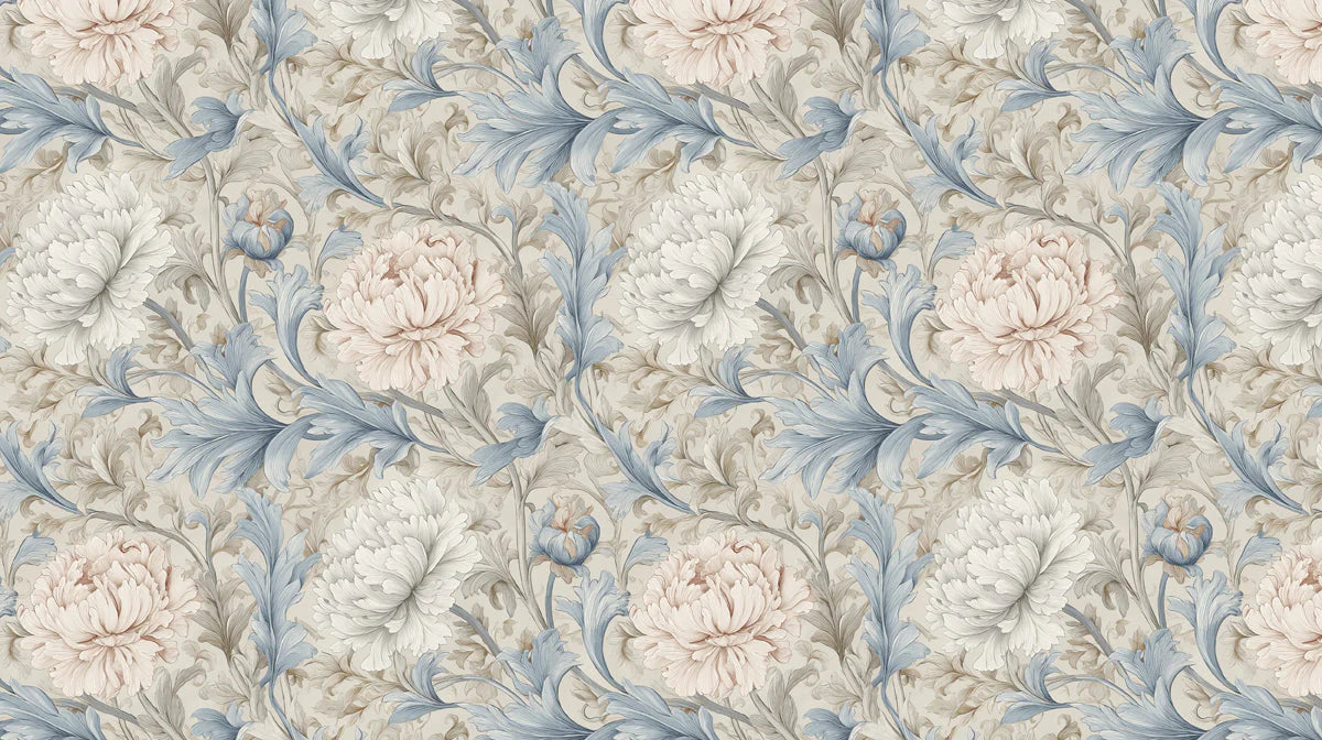 Peony Botanical Mural Wallpaper in Soft Dusky Blue and Cream Mural Wallpaper - room preview 04