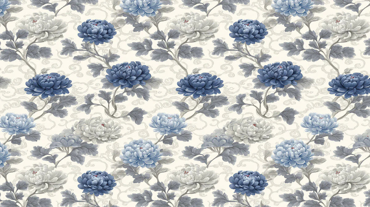 Chinoiserie Chrysanthemum Floral Mural Wallpaper in Blue and Cream Mural Wallpaper - room preview 04