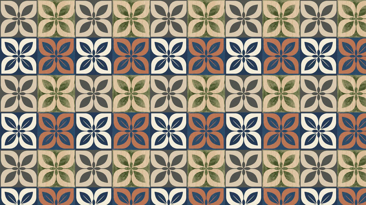 Mediterranean Tile Mural Wallpaper with Watercolor Floral Motifs Mural Wallpaper - room preview 04