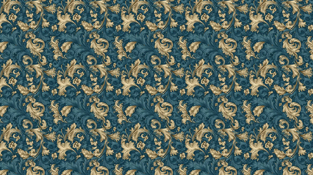 Damask Scroll Mural Wallpaper — Midnight Teal and Gilded Gold Mural Wallpaper - room preview 04