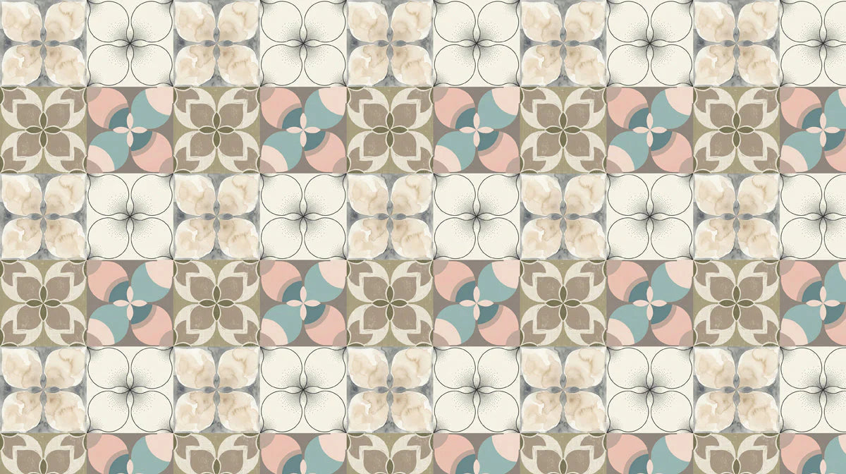 Geometric Petal Mosaic Mural Wallpaper — Soft Pastel Art Mural Wallpaper - room preview 04