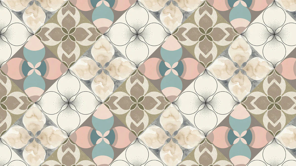 Geometric Floral Mural Wallpaper — Soft Pastel Art Deco Pattern Mural Wallpaper - room preview 04