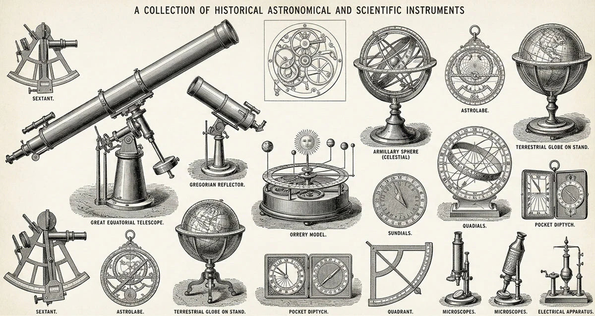 Historical Astronomical Instruments Mural Wallpaper in Ink Black Mural Wallpaper - room preview 04