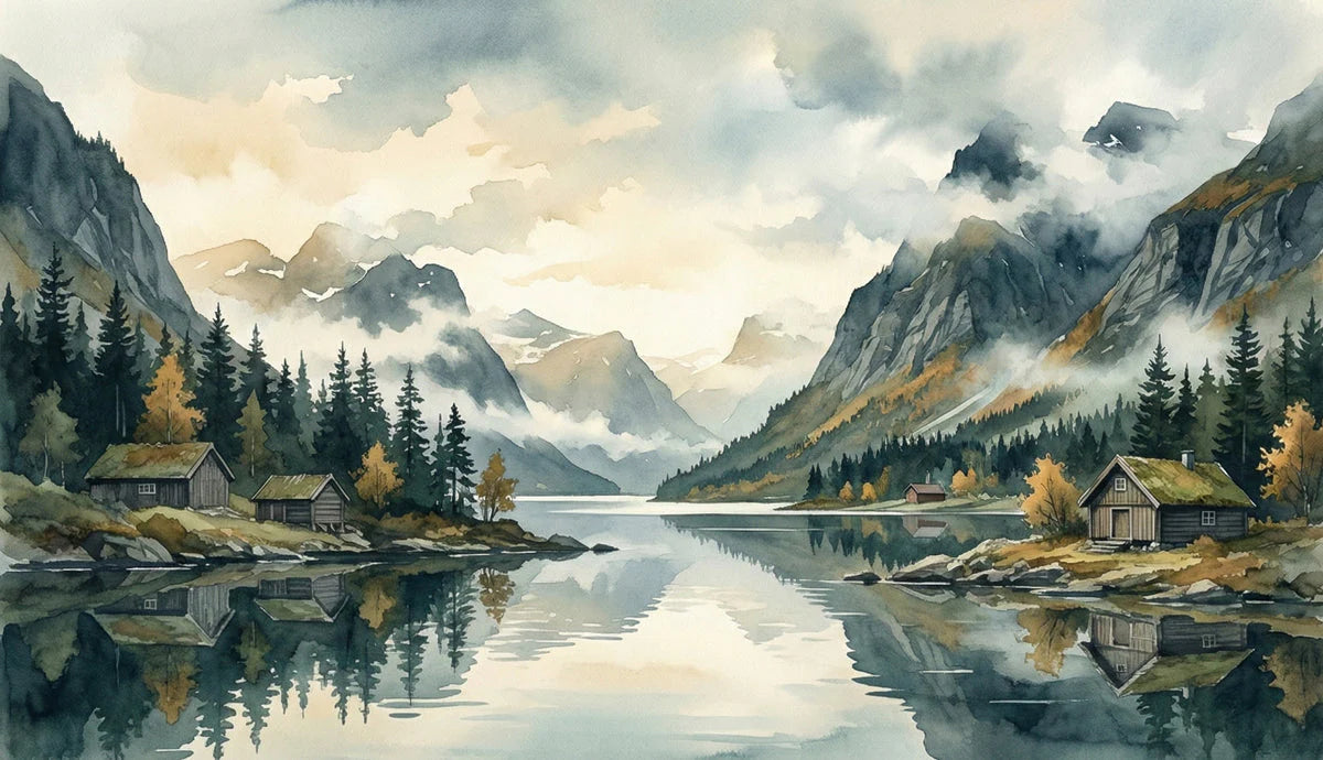 Mist-Covered Alpine Lake Mural Wallpaper — Watercolor Landscape Mural Wallpaper - room preview 04