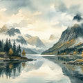 Mist-Covered Alpine Lake Mural Wallpaper — Watercolor Landscape Mural Wallpaper - room preview 04