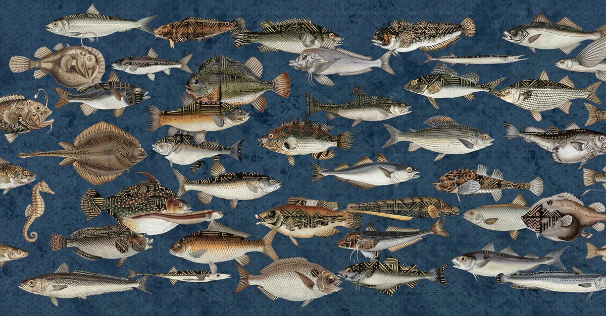 Vintage Marine Life Mural Wallpaper in Deep Navy Blue Mural Wallpaper - room preview 04