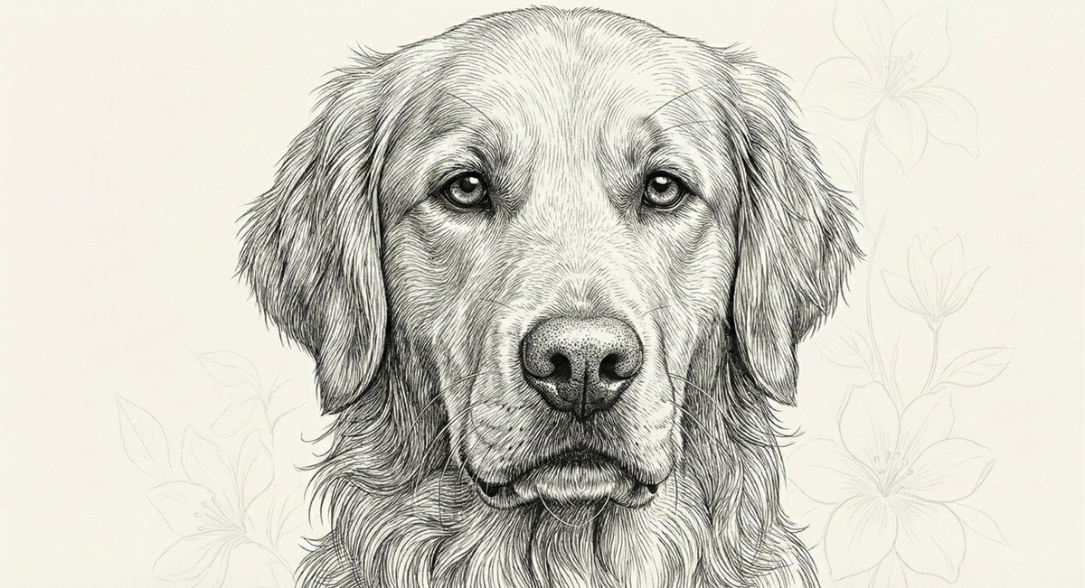 Golden Retriever Sketch Mural Wallpaper — Classic Ink Line Art Mural Wallpaper - room preview 04