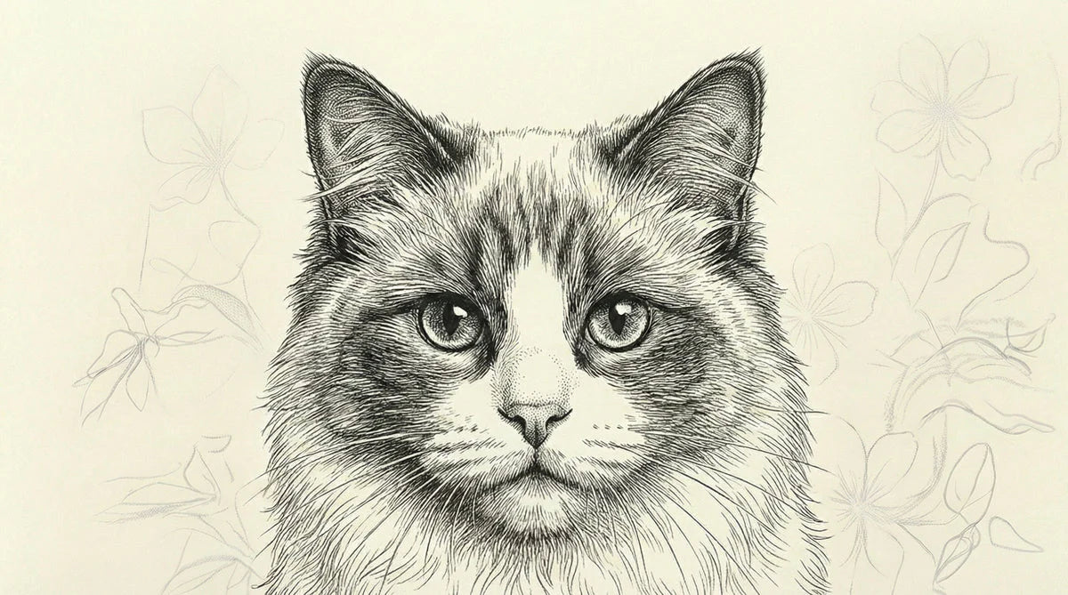 Stippled Ragdoll Cat Mural Wallpaper — Detailed Ink Art Mural Wallpaper - room preview 04