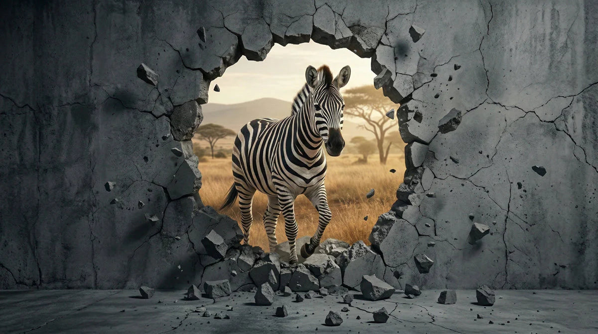 Zebra Safari Concrete Breach Mural Wallpaper — 3D Illusion Style Mural Wallpaper - room preview 04