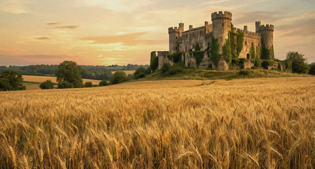 Medieval Castle and Wheat Field Mural Wallpaper at Golden Hour Mural Wallpaper - room preview 04