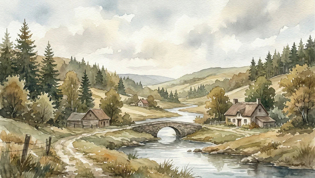 Watercolor Countryside Bridge Mural Wallpaper — Pastoral Landscape Mural Wallpaper - room preview 04