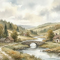Watercolor Countryside Bridge Mural Wallpaper — Pastoral Landscape Mural Wallpaper - room preview 04