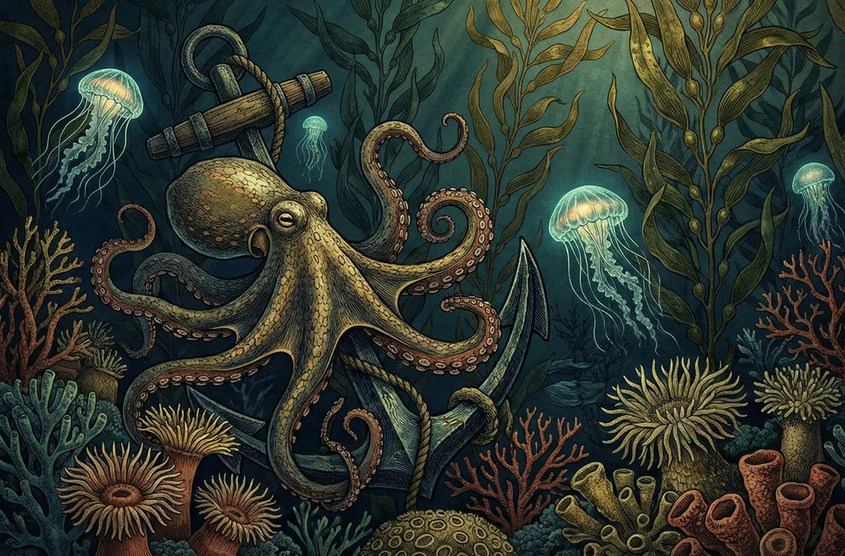 Deep Sea Octopus and Jellyfish Mural Wallpaper — Nautical Marine Art Mural Wallpaper - room preview 04