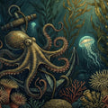 Deep Sea Octopus and Jellyfish Mural Wallpaper — Nautical Marine Art Mural Wallpaper - room preview 04