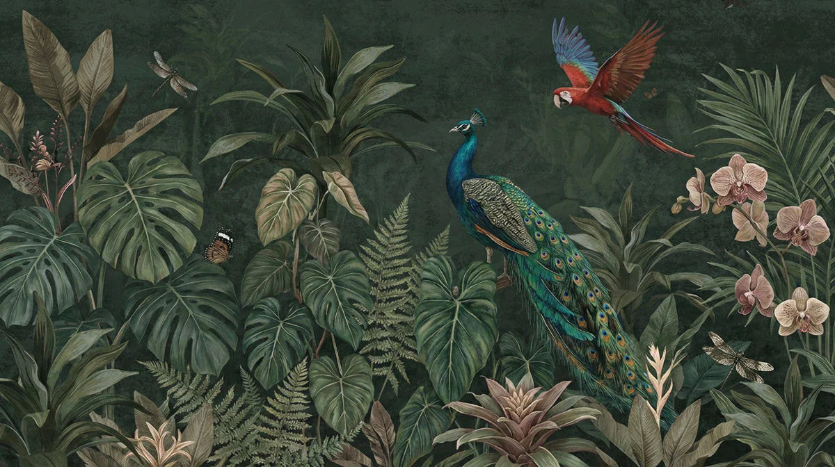 Exotic Peacock and Tropical Jungle Mural Wallpaper - room preview 04
