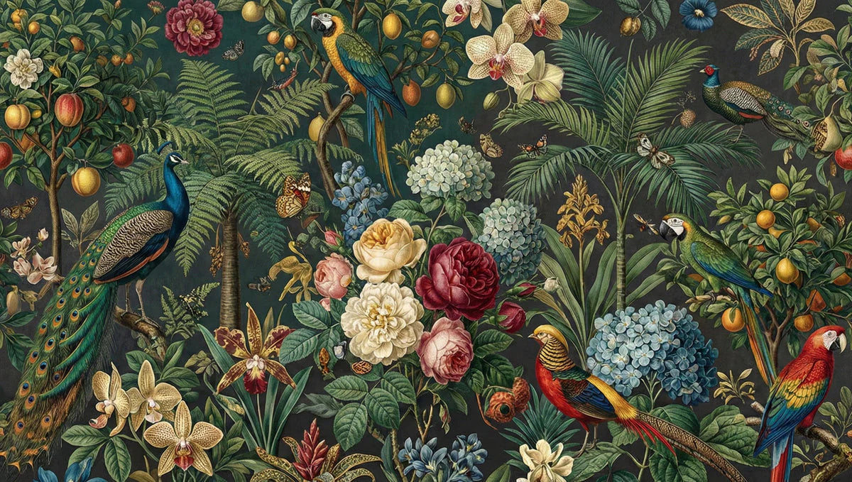 Exotic Botanical Peacock Mural Wallpaper in Deep Forest Green Mural Wallpaper - room preview 04