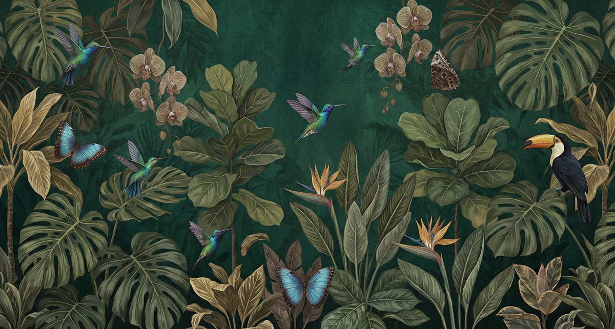 Tropical Jungle Sanctuary Mural Wallpaper — Dark Botanical Design Mural Wallpaper - room preview 04