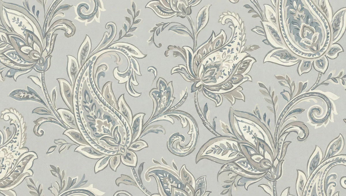 Vintage Paisley Mural Wallpaper — Soft Blue and Gray Botanical Mural Wallpaper - room preview 04