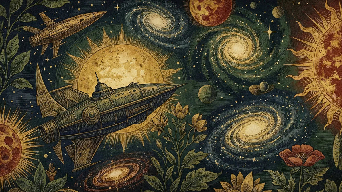 Vintage Space Botanical Mural Wallpaper — Cosmic Retro Illustration Mural Wallpaper - room preview 04