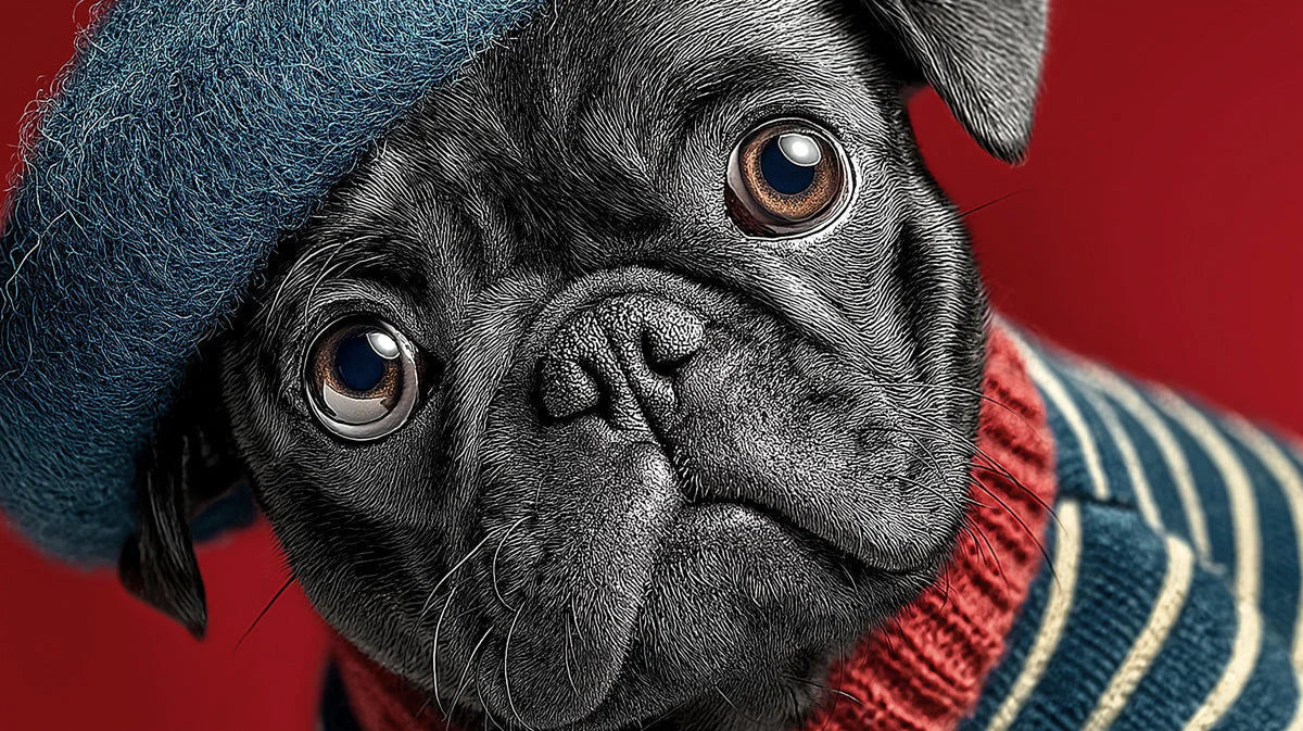 Charming Pug in a Beret Mural Wallpaper — Whimsical Portrait Mural Wallpaper - room preview 04