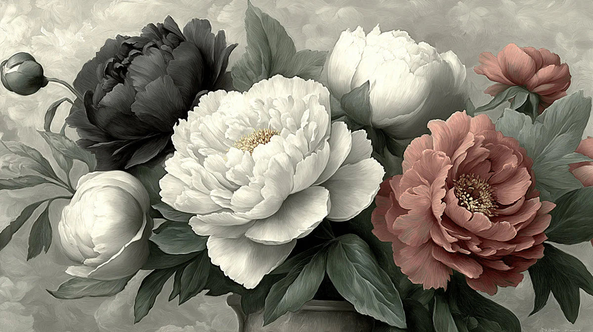 Vintage Peony Bouquet Mural Wallpaper —Artistic Floral Print Mural Wallpaper - room preview 04