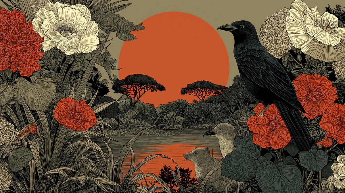 Sunlit Crow and Botanical Garden Mural Wallpaper - room preview 04