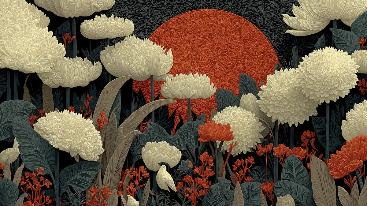 Cinnabar Moon Botanical Mural Wallpaper in Cream and Charcoal Mural Wallpaper - room preview 04