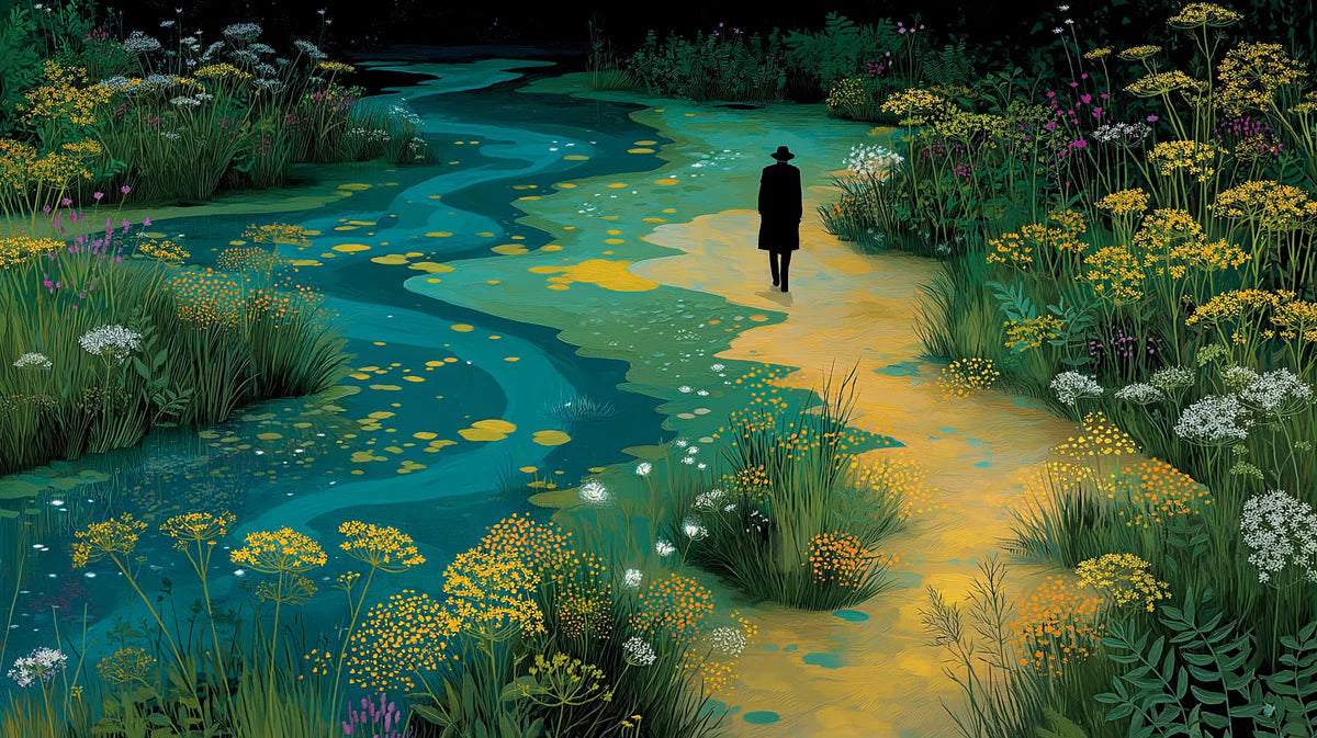Lone Traveler Meadow Mural Wallpaper — Artistic Landscape Mural Wallpaper - room preview 04