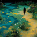 Lone Traveler Meadow Mural Wallpaper — Artistic Landscape Mural Wallpaper - room preview 04