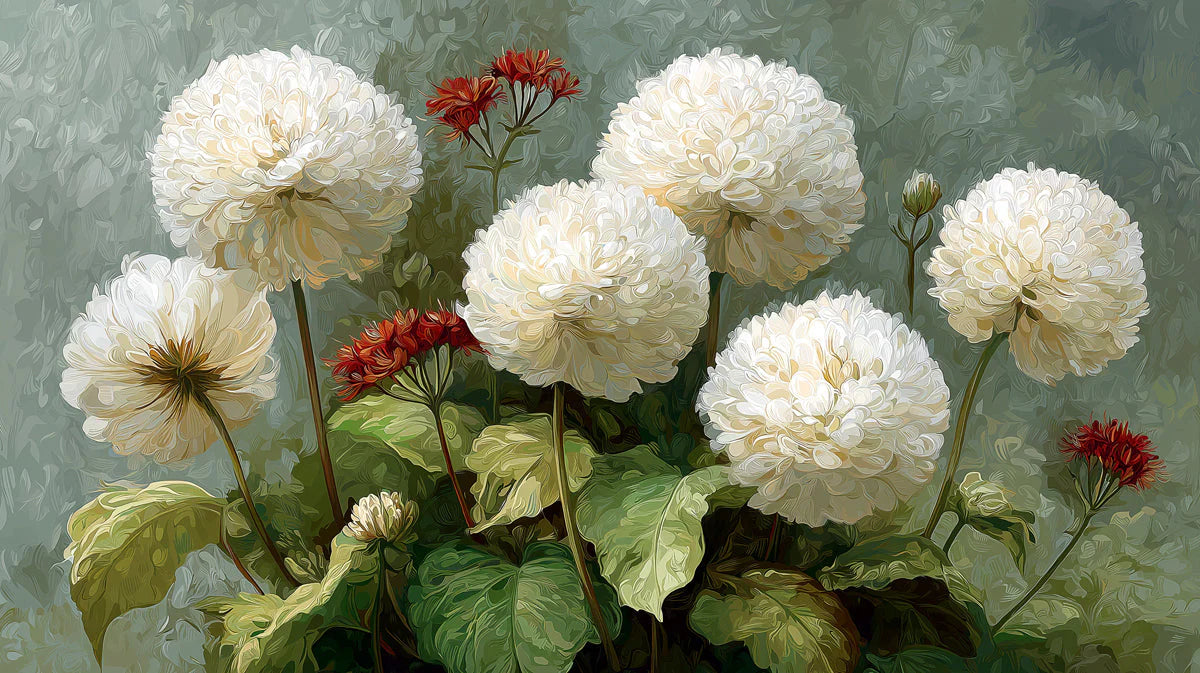 White Pom-Pom Dahlia Mural Wallpaper — Botanical Impressionist Art Mural Wallpaper - room preview 04