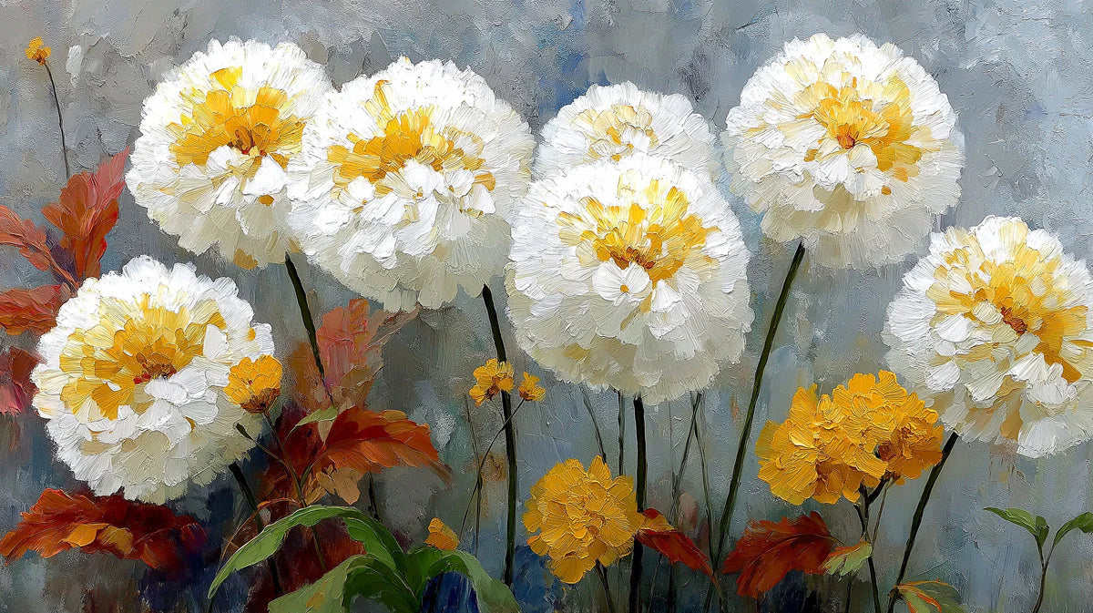 Impressionistic Marigold Bloom Mural Wallpaper in Yellow and Grey Mural Wallpaper - room preview 04