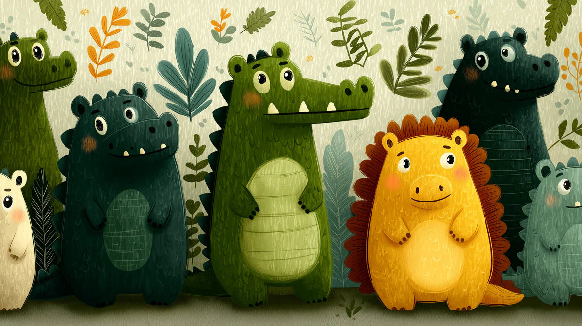 Friendly Forest Crocodile Mural Wallpaper —Whimsical Kids Pattern Mural Wallpaper - room preview 04