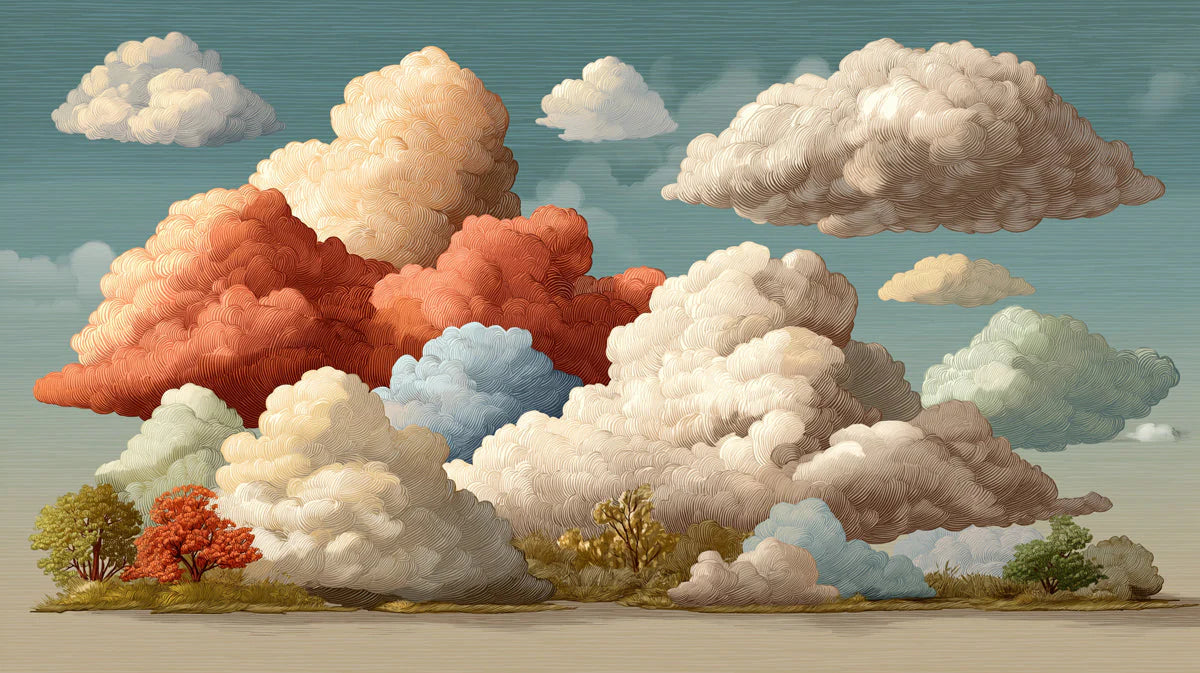 Vintage Sky Cloudscape Mural Wallpaper — Artistic Etching Style Mural Wallpaper - room preview 04